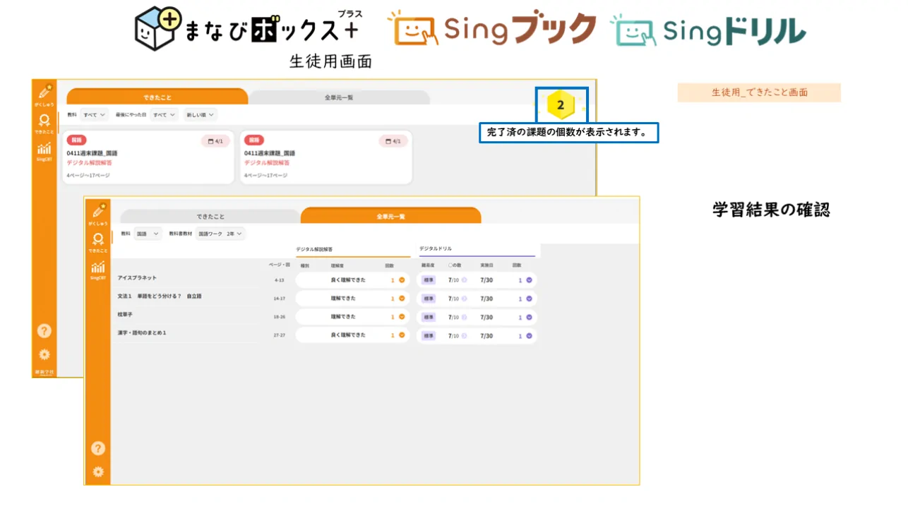 先生から配信された課題のの進捗や学習結果を確認することができます。